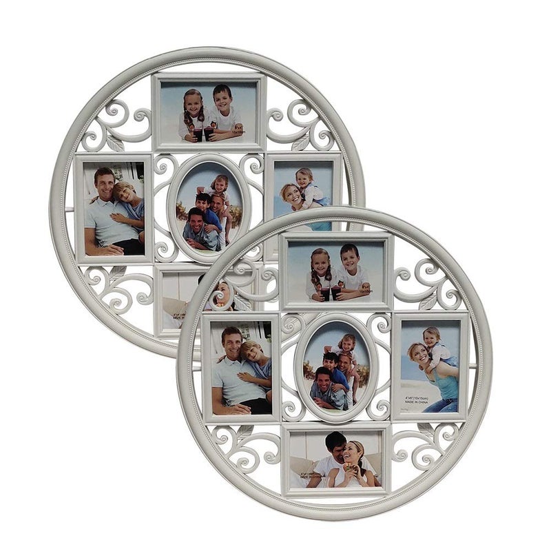 MKUN 2Pack of 4x6 Wall Photo Collage Frames - Round Circular Circle Wall Hanging Picture Collage Frame with Leaf Decoration, 5- Opening (White) - Image 1